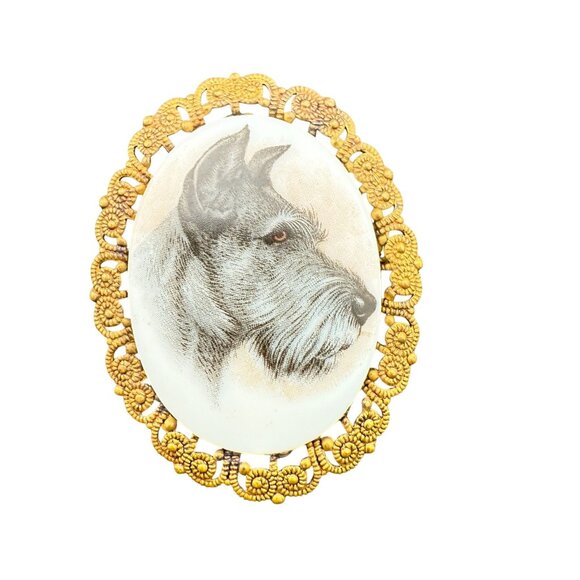 Vintage Schnauzer Dog Portrait Brooch Gold Filigree Oval Pin Western Germany - Picture 1 of 4
